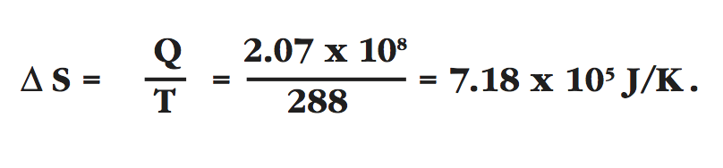 entropy decrease, delta S equals Q over T equals 2.07 e108 over 228 equals 7.18 e105 J/K