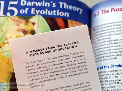 Alabama disclaimer sticker on a textbook. Image by Colin Purrington.