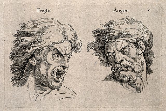 A frightened and an angry face. Engraving, c. 1760, after C. Le Brun.