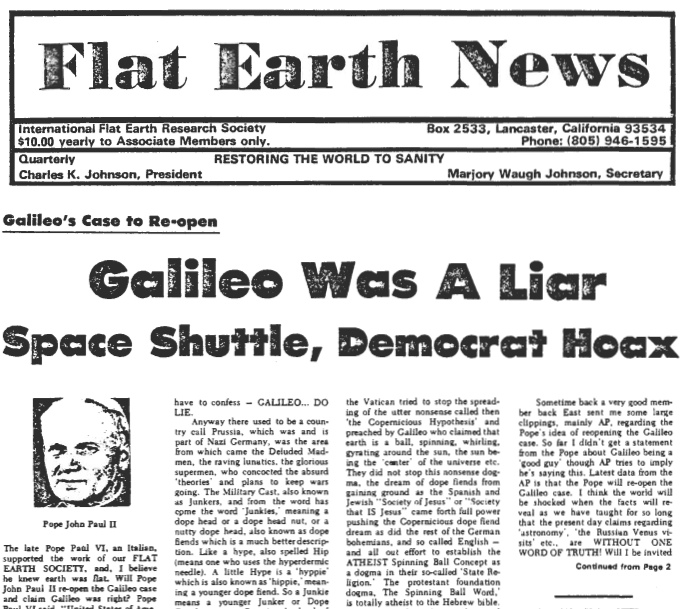 Flat Earth News from December, 1980. Headline: "Galileo Was A Liar"