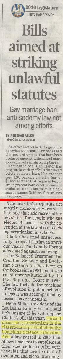 A scan of the Baton Rouge Advocate article showing the text subsequently revised