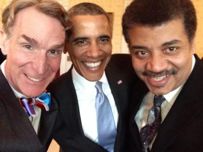 Bill Nye, President Obama, and Neil deGrasse Tyson pose for a selfie at the White House