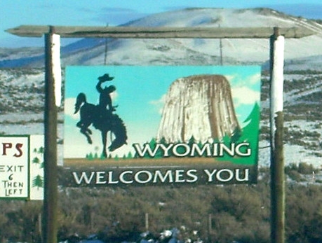 Wyoming state welcome sign, along Interstate 80, entering from Utah. Photograph by ErgoSum88 via Wikimedia Commons.