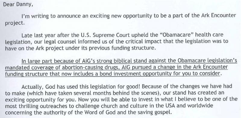 Ken Ham: “In large part because of AiG’s strong biblical stand against the Obamacare legislation … AiG pursued a change in the Ark Encounter funding structure”