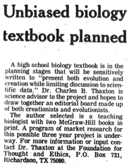 Students for Origins Research article. Title: Unbiased biology textbook planned.