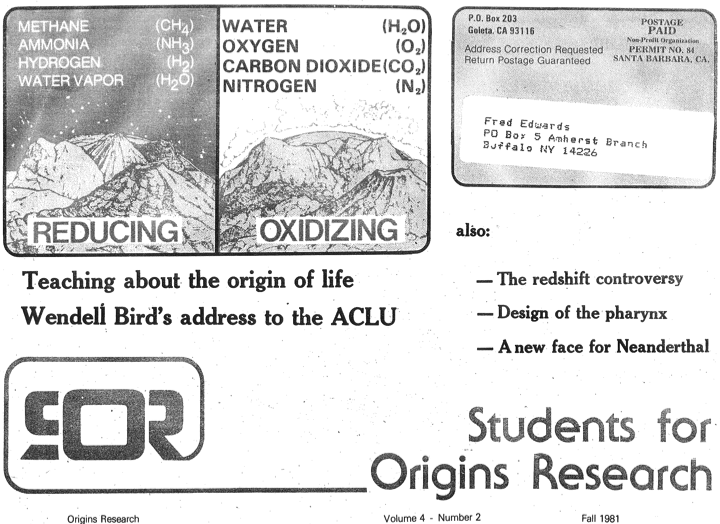 Students for Origins Research cover from Fall 1981, in which the early work on what was to become Of Pandas and People was announced.