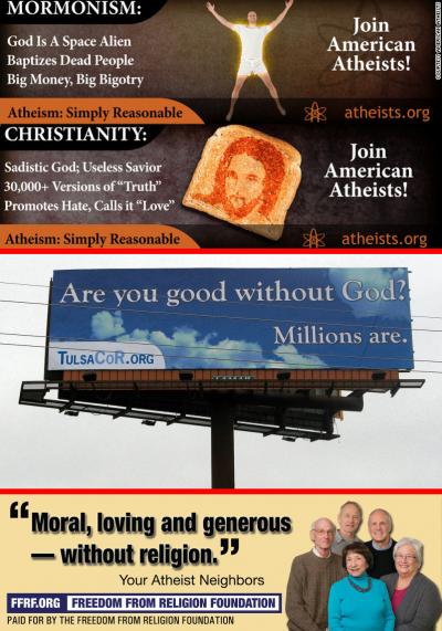 Billboards from American Atheists, FFRF, and United Coalition of Reason, showing confrontational and nonconfrontational approaches
