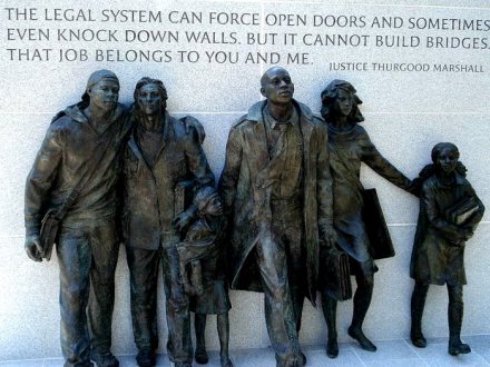 Virginia Civil Rights Memorial: Statue of students entering a formerly segregated school, and quoting Justice Thurgood Marshall: “The legal system can force open doors and sometimes even knock down walls. But it cannot build bridges. That job belongs to you and me.” Photo from: http://discoverblackheritage.com/virginia-civil-rights-memorial/