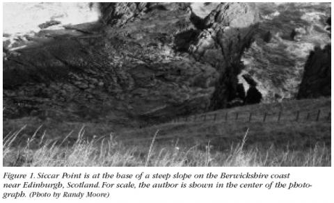 Figure 1: Siccar Point is at the base of a steep slope on the Berwickshire coast near Edinburgh, Scotland. For scale, the author is shown in the center of the photograph. (Photo by Randy Moore)
