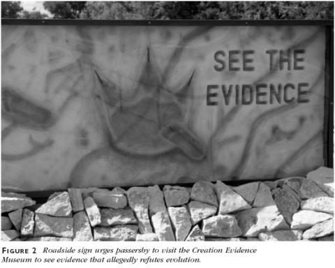 Figure 2: Roadside sign urges passersby to visit the Creation Evidence Museum to see evidence that allegedly refutes evolution.