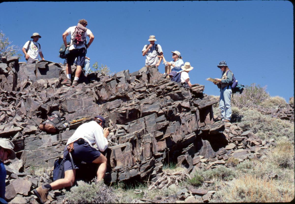 geology students examining an outcrop