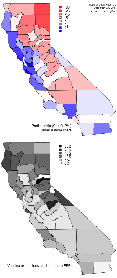 Map of California partisanship and vaccine exemptions