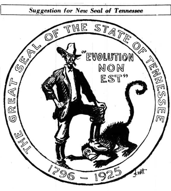 A proposed "Seal of the state of Tennessee from 1925, with a southerner standing on an ape's neck, saying "evolution non est"