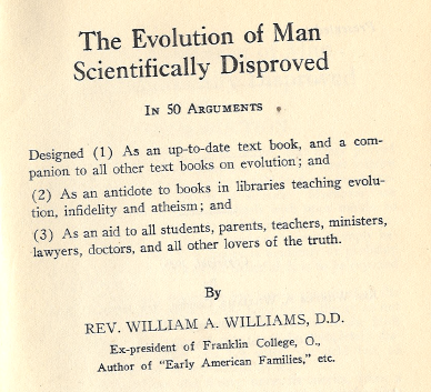 Snippet from the title page of The Evolution of Man Scientifically Disproved