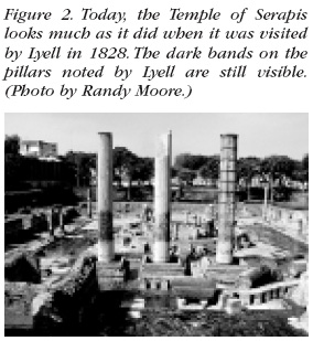 Figure 2: Today, the Temple of Serapis looks much as it did when it was visited by Lyell in 1828. The dark bands on the pillars noted by Lyell are still visible. (Photo by Randy Moore.)