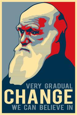 Picture of Charles Darwin in the style of 2008 Obama campaign posters with the caption Very gradual change we can believe in